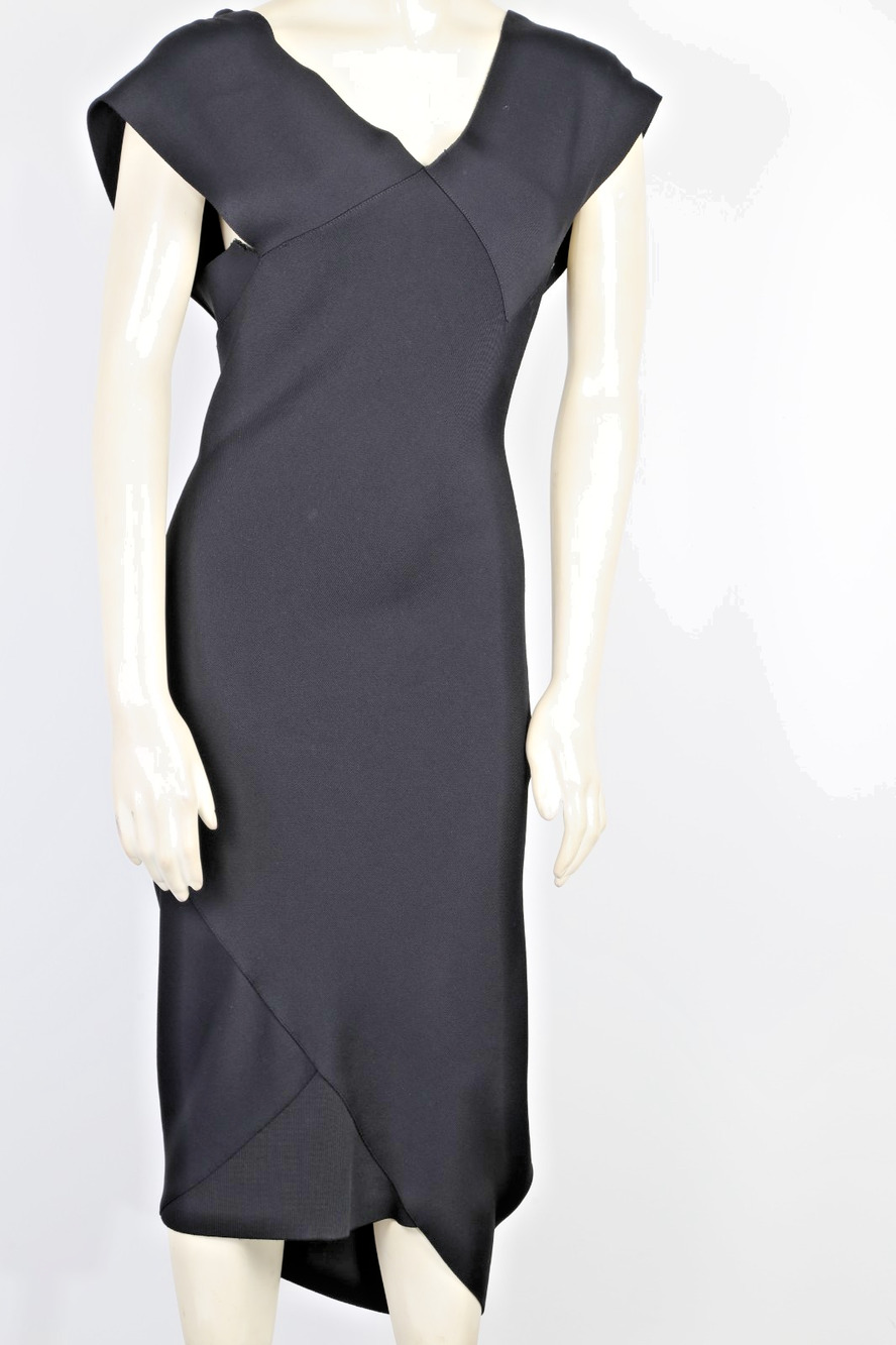 Roland Mouret Black Off Shoulder Midi Dress Sz 6 Lace Panel Draped V Neck Size 6